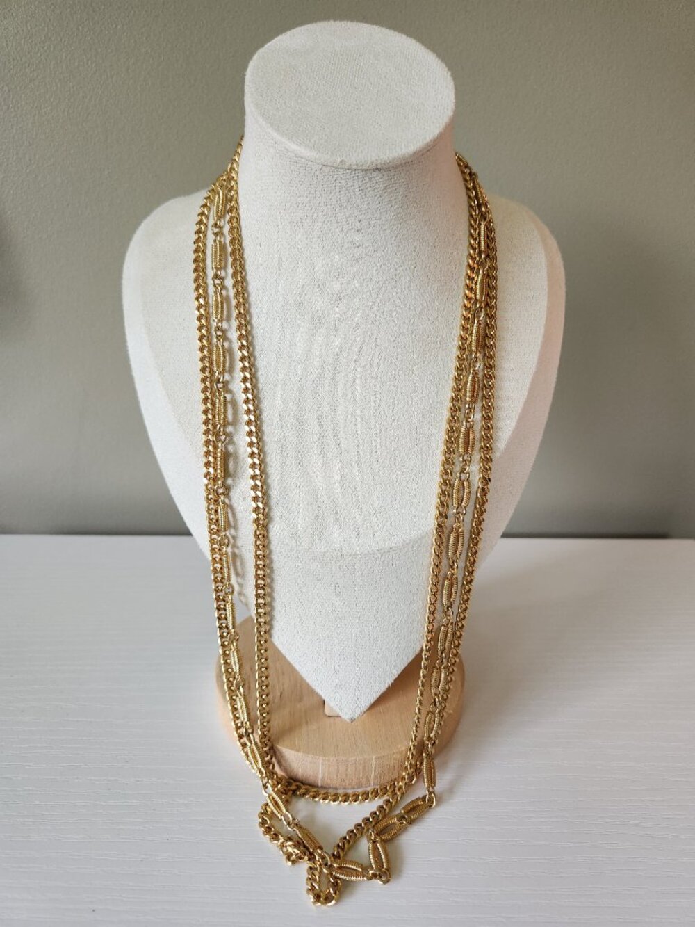 Vintage Monet Gold Tone Triple Strand Statement Necklace 23.5” Signed